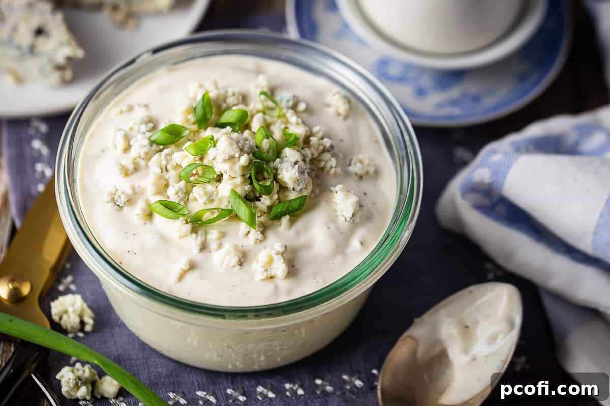 Overhead image of a recipe for blue cheese dressing, prepared and served in a small glass bowl.