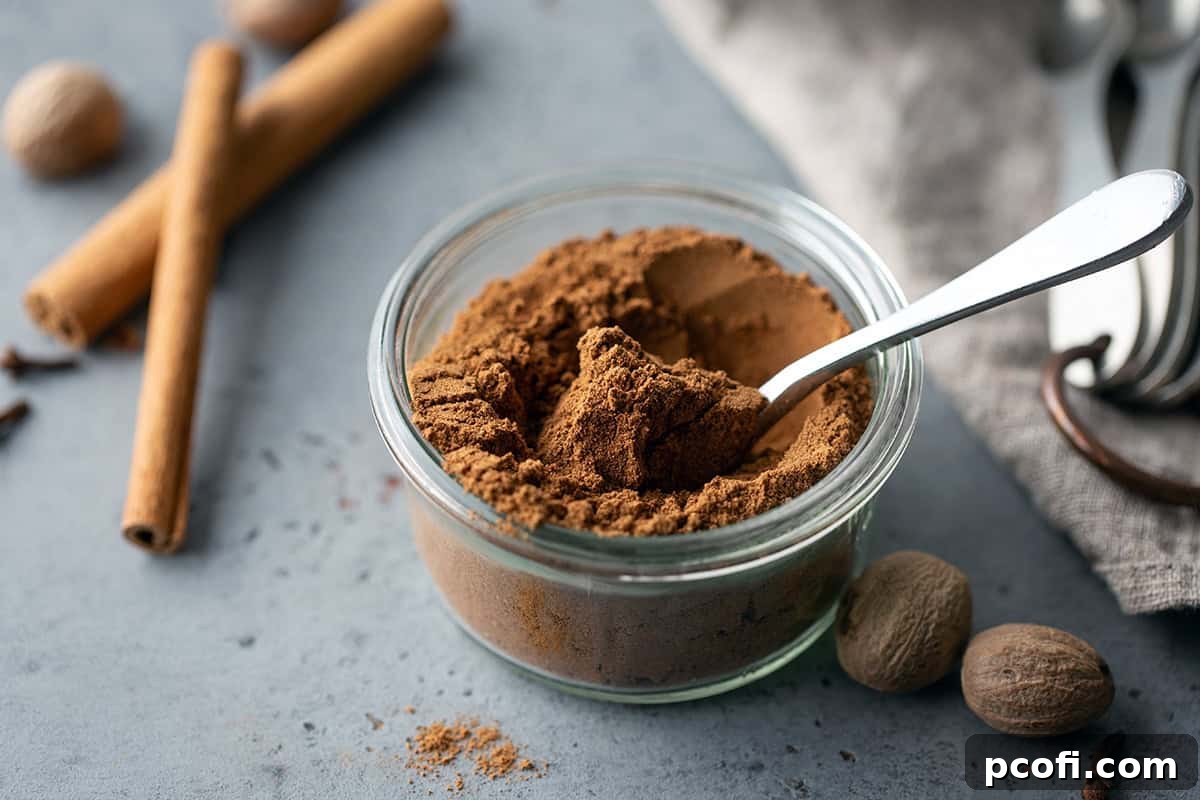 Close up of pumpkin pie spice blend in a jar with a spoon, highlighting its fine texture