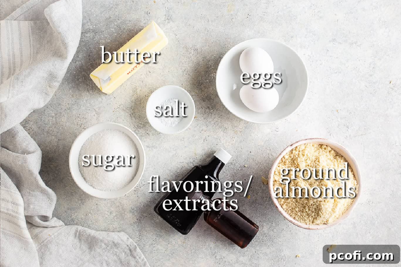 Ingredients for making almond frangipane, neatly arranged with text labels.