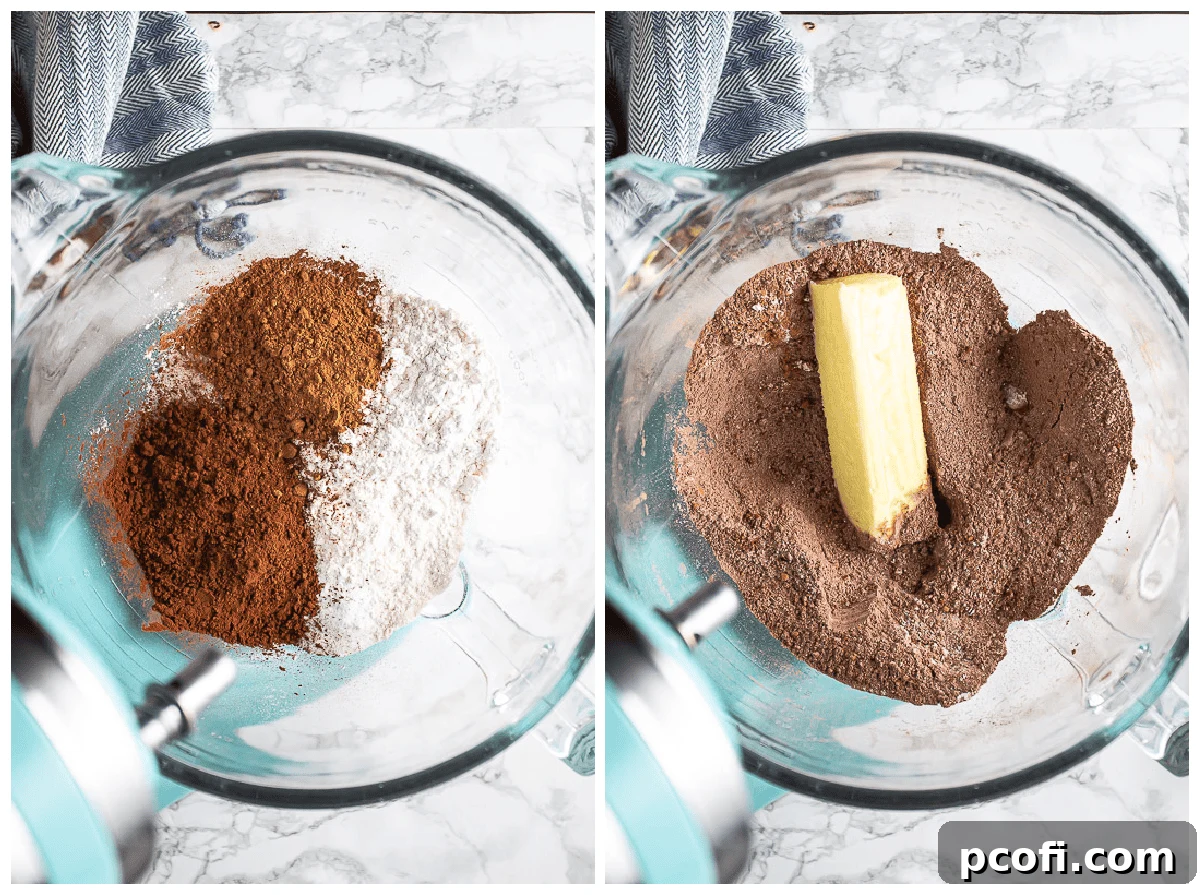 Combining dry ingredients and adding softened butter. 