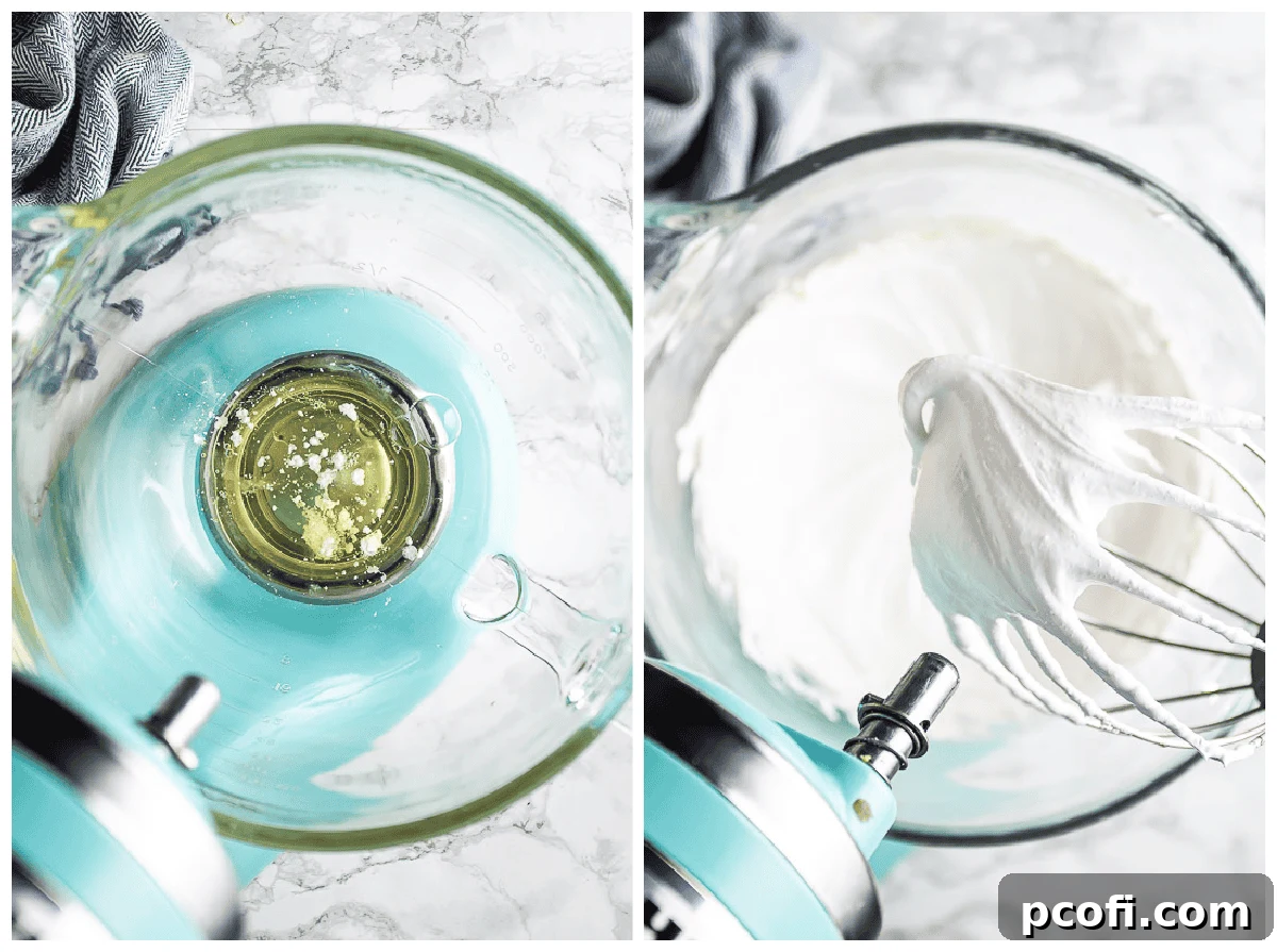 Whipping marshmallow frosting to soft peaks.