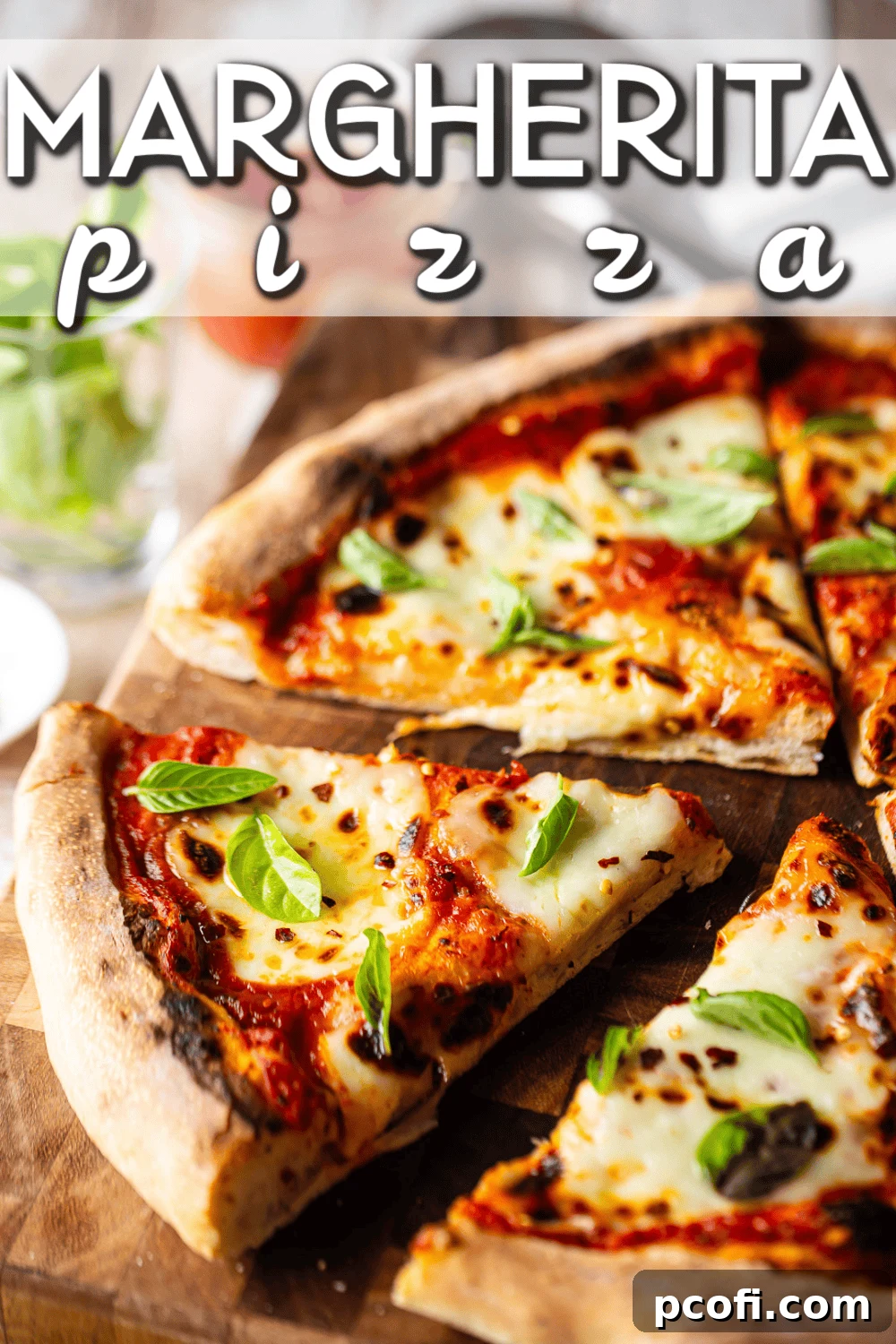Golden-crusted Margherita pizza, adorned with melted mozzarella and fresh basil, with a prominent text overlay reading "Margherita Pizza Recipe."