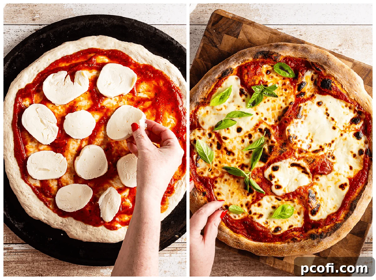 Close-up of a pizza being prepared, showing fresh mozzarella slices carefully placed on the tomato sauce, with a sprinkle of fresh basil leaves.