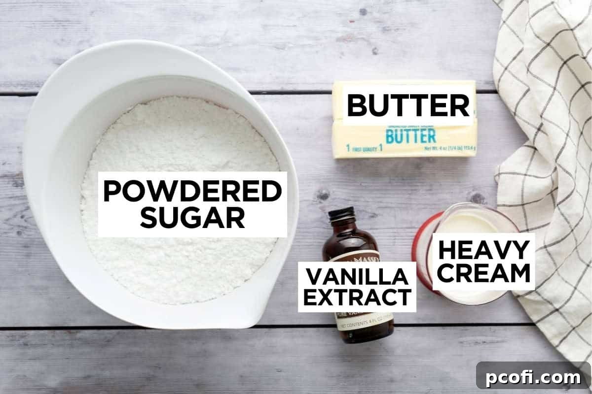ingredients for vanilla buttercream with overlay text.