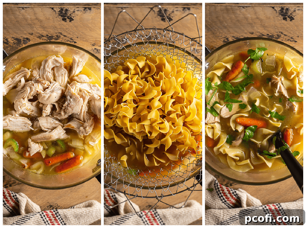 A collage of various stages of making chicken noodle soup in a large pot, showing vegetables sautéing and noodles cooking.