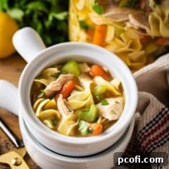 A comforting bowl of homemade chicken noodle soup, garnished with fresh herbs.