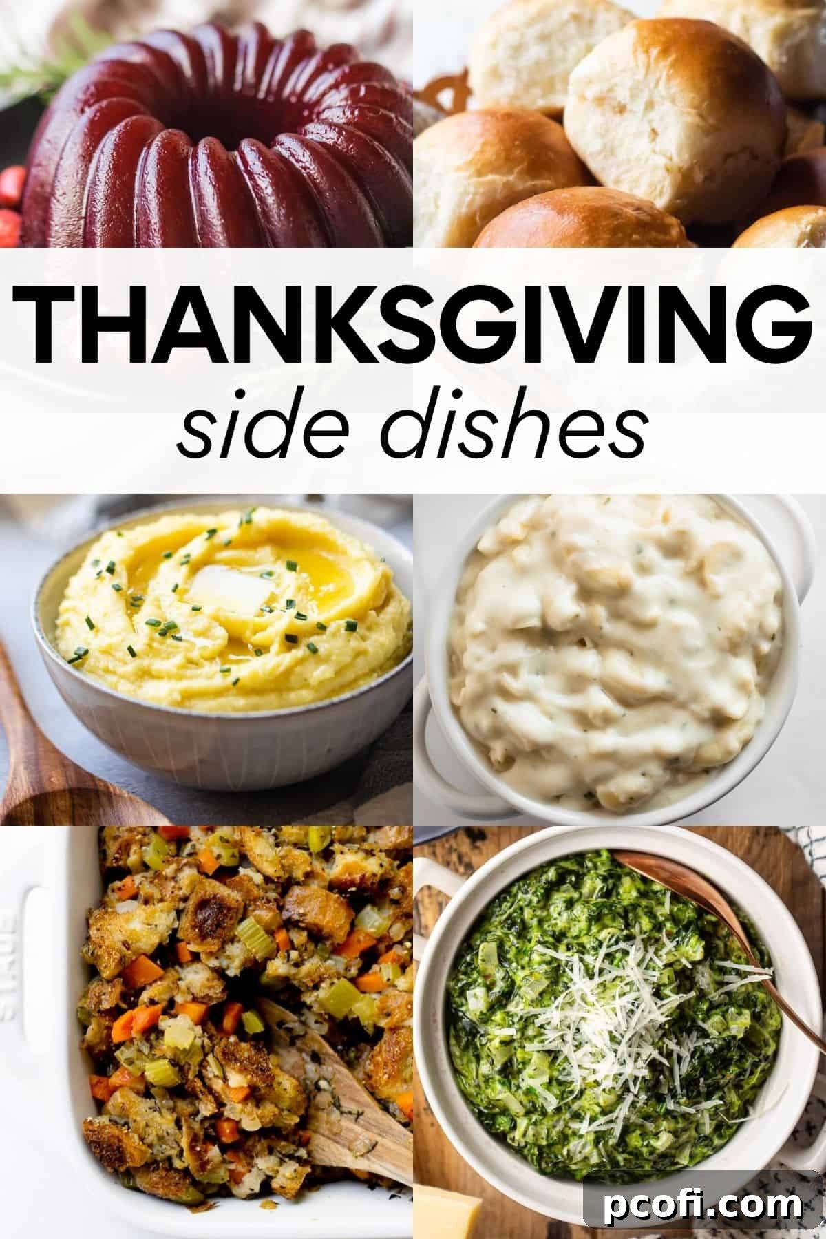 A collage of six vibrant Thanksgiving side dishes, showcasing a variety of colors and textures, with overlay text.