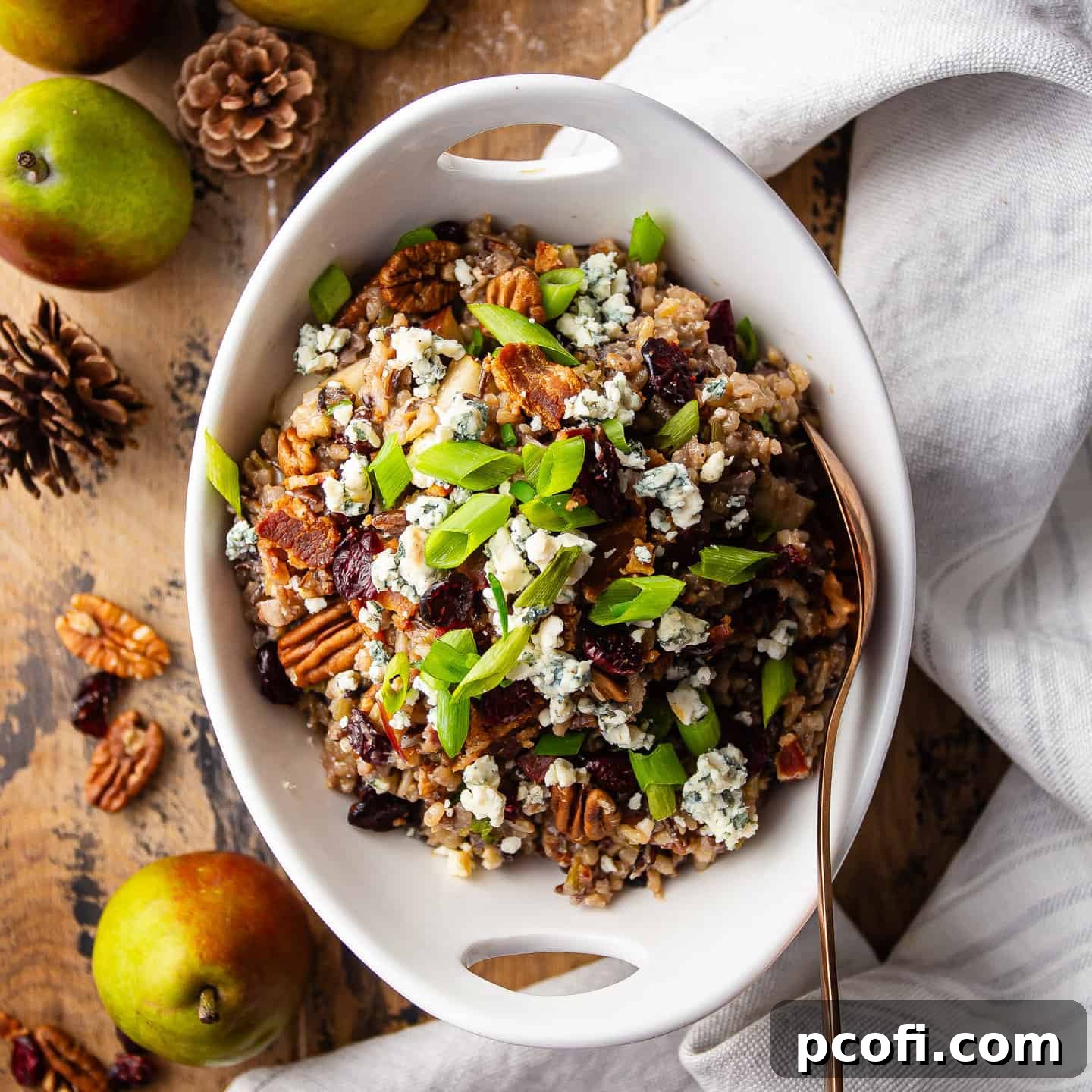 A rich wild rice stuffing, generously topped with crispy bacon, sweet dried cranberries, fresh scallions, and melted cheese.