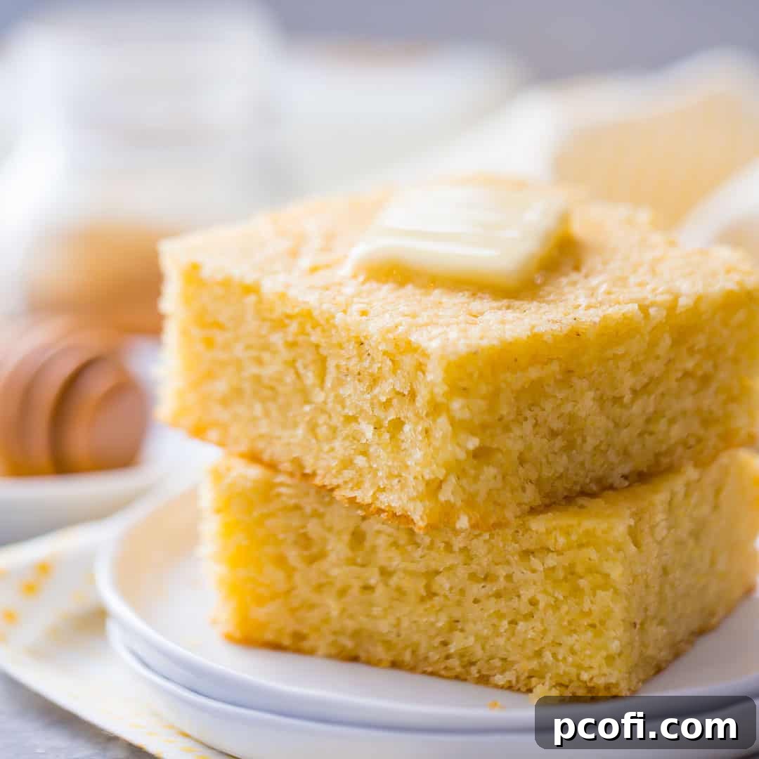 A moist cornbread recipe, showing its golden-brown crust and tender crumb.