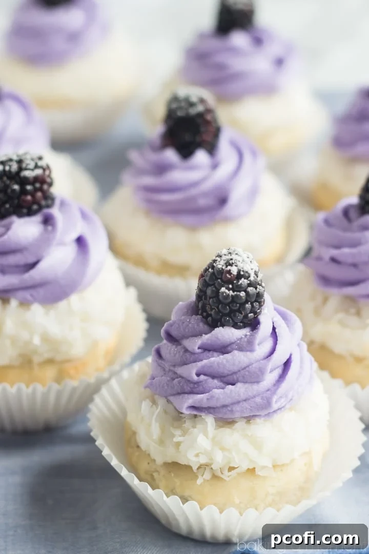 Blackberry Coconut Cupcakes with fluffy cream cheese frosting and fresh blackberries. A delightful and vibrant dessert.