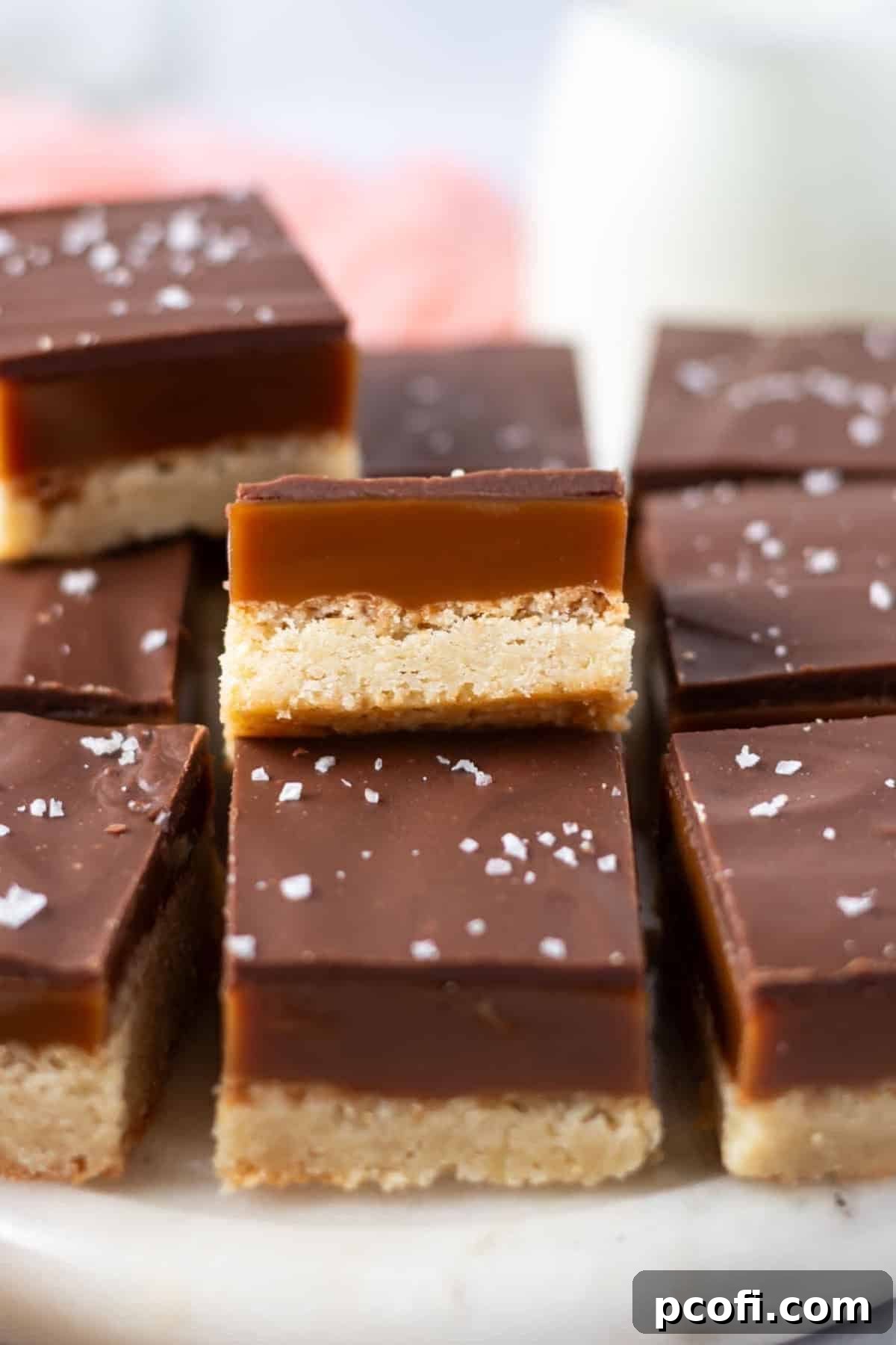 Close-up of perfectly cut Millionaire Shortbread squares on a white plate, showcasing the distinct layers of shortbread, caramel, and chocolate.