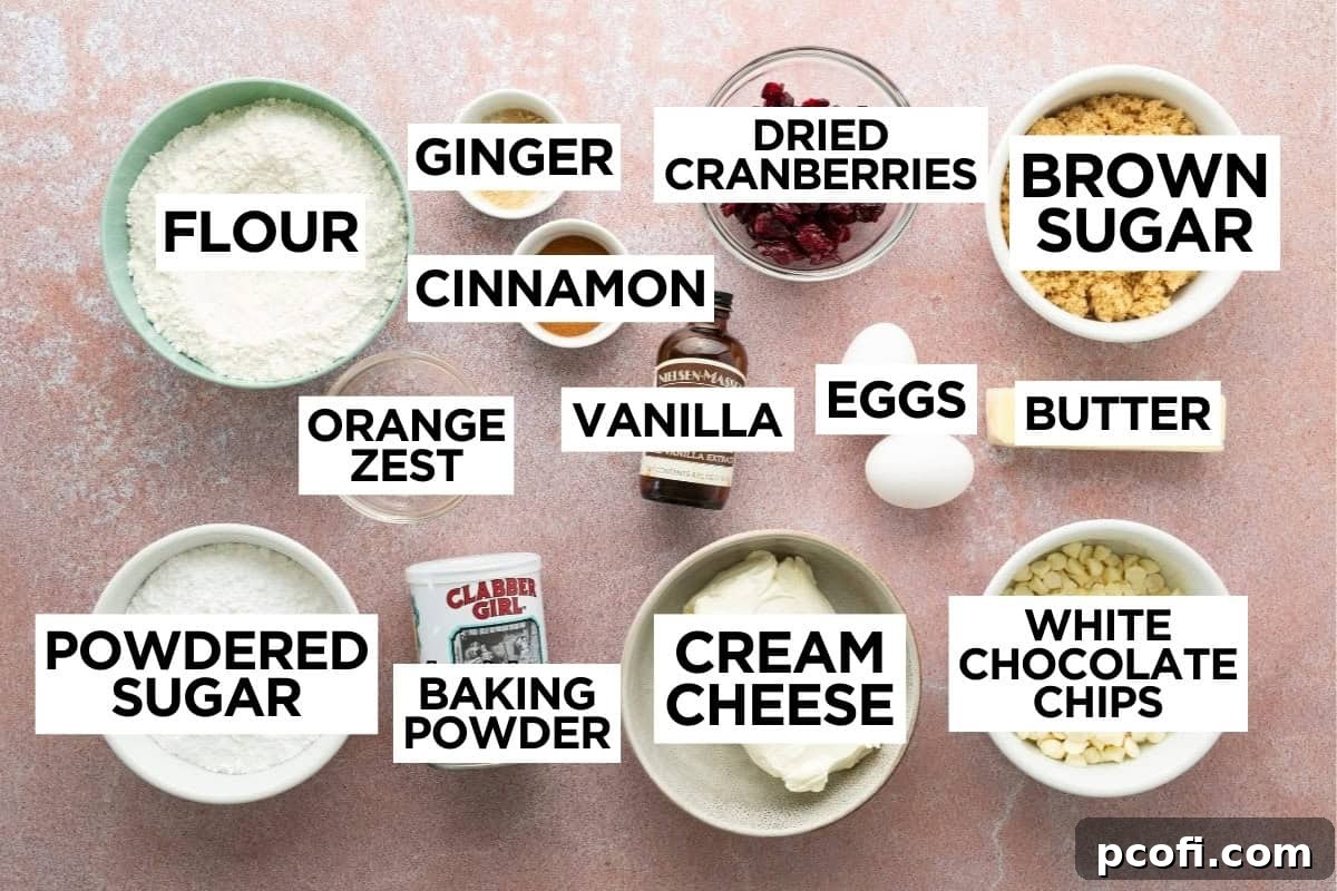 Assorted ingredients for cranberry bliss bars including flour, butter, sugar, eggs, and cranberries, arranged neatly on a surface with an overlay text indicating 'Ingredients'.