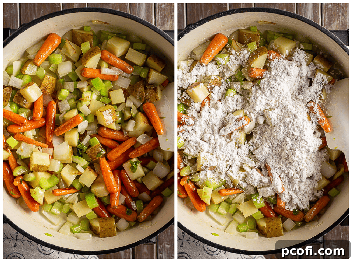 Step-by-step photos illustrating the cooking of vegetables with butter and flour, forming the base of the pot pie filling.
