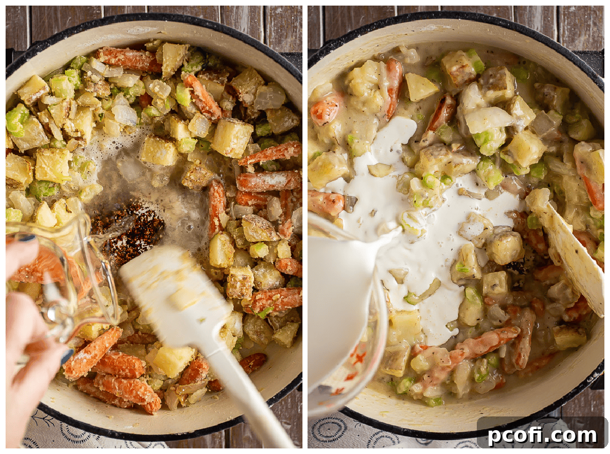 Progressive steps showing the addition of liquids to the pot pie filling, simmering to a thick gravy consistency.