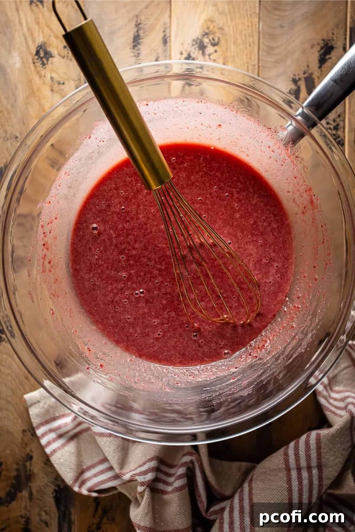 The cranberry curd ingredients are gently heated and whisked together in a glass bowl over a double boiler, showing the beginnings of thickening.