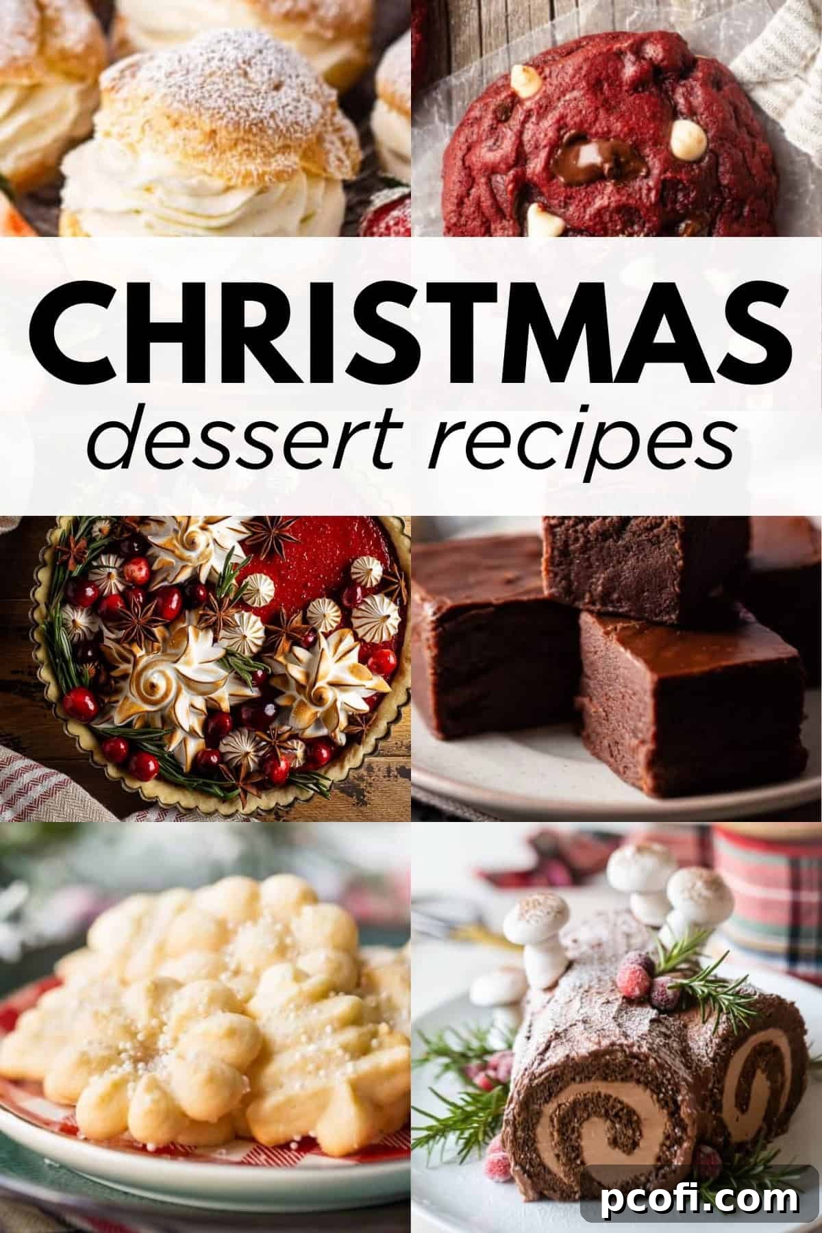 A festive collage showcasing six diverse Christmas dessert recipes, including cookies, cakes, and tarts, beautifully arranged with a holiday text overlay.