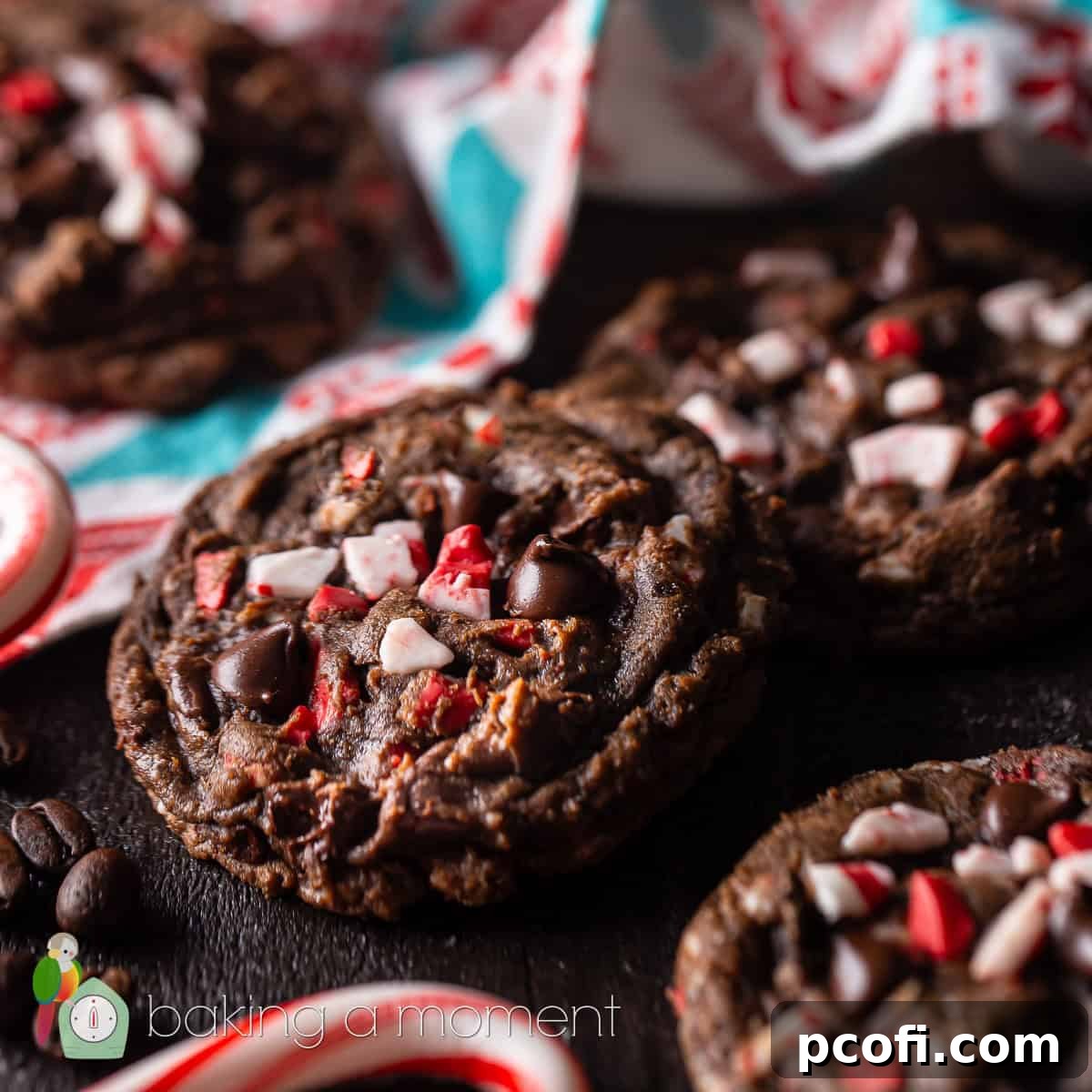 Thick and chewy soft-baked peppermint mocha cookies, beautifully topped with festive peppermint crunch, ready for the holidays.