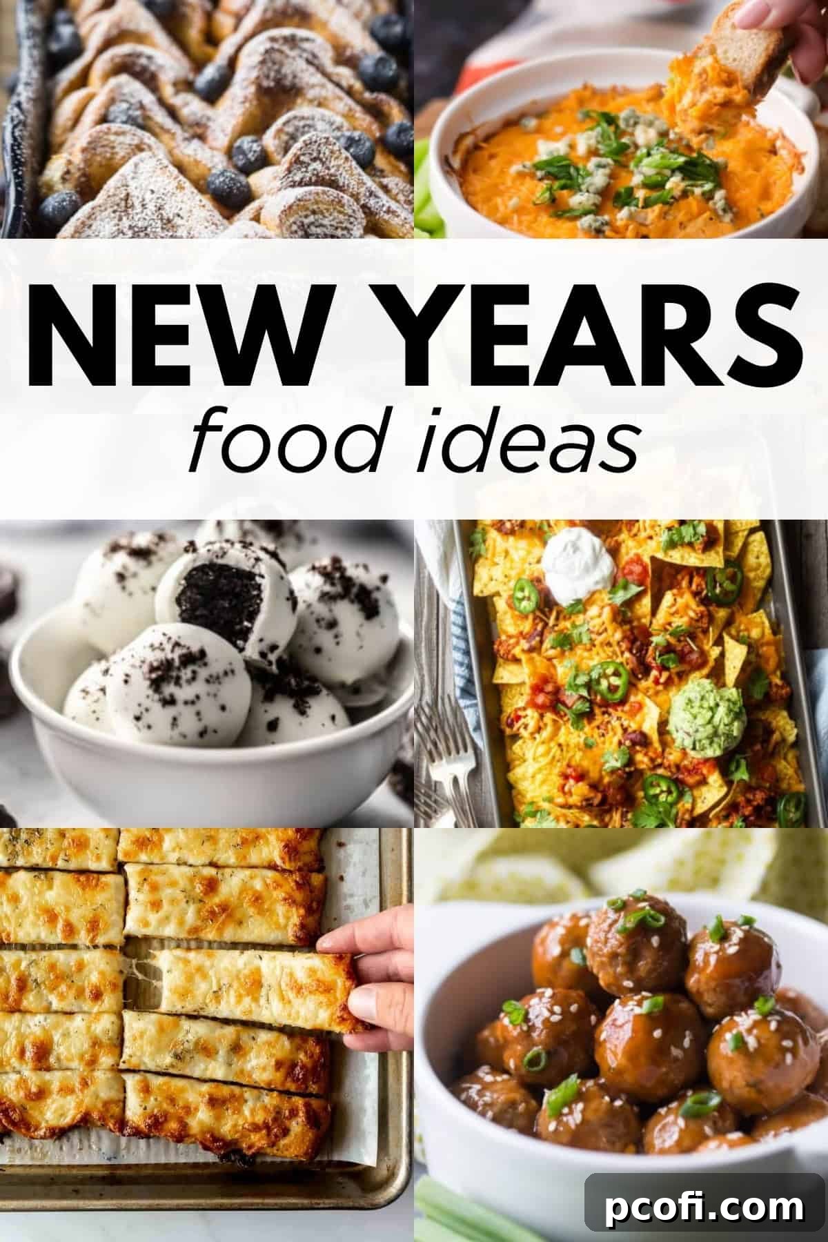 A vibrant collage featuring a selection of delicious New Year's food ideas, including appetizers, main courses, and desserts, ready to inspire festive celebrations.