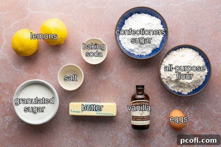 Ingredients for lemon crinkle cookies with text labels.