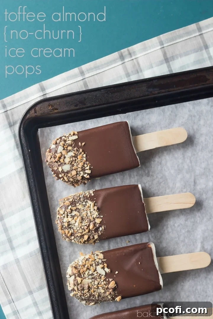 Closeup of Toffee Almond Ice Cream Pops with rich, creamy texture and visible almond bits