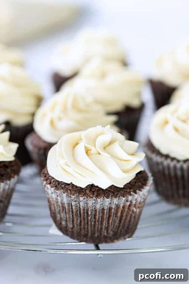 Delightfully frosted Baileys Irish Cream cupcakes neatly arranged on a serving tray, ready to be enjoyed.