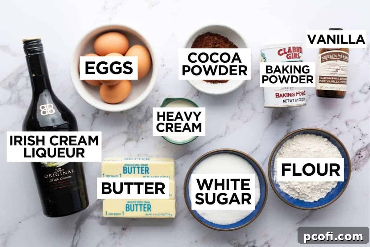 A vibrant flat lay showcasing all the essential ingredients laid out for making Irish cream cupcakes.