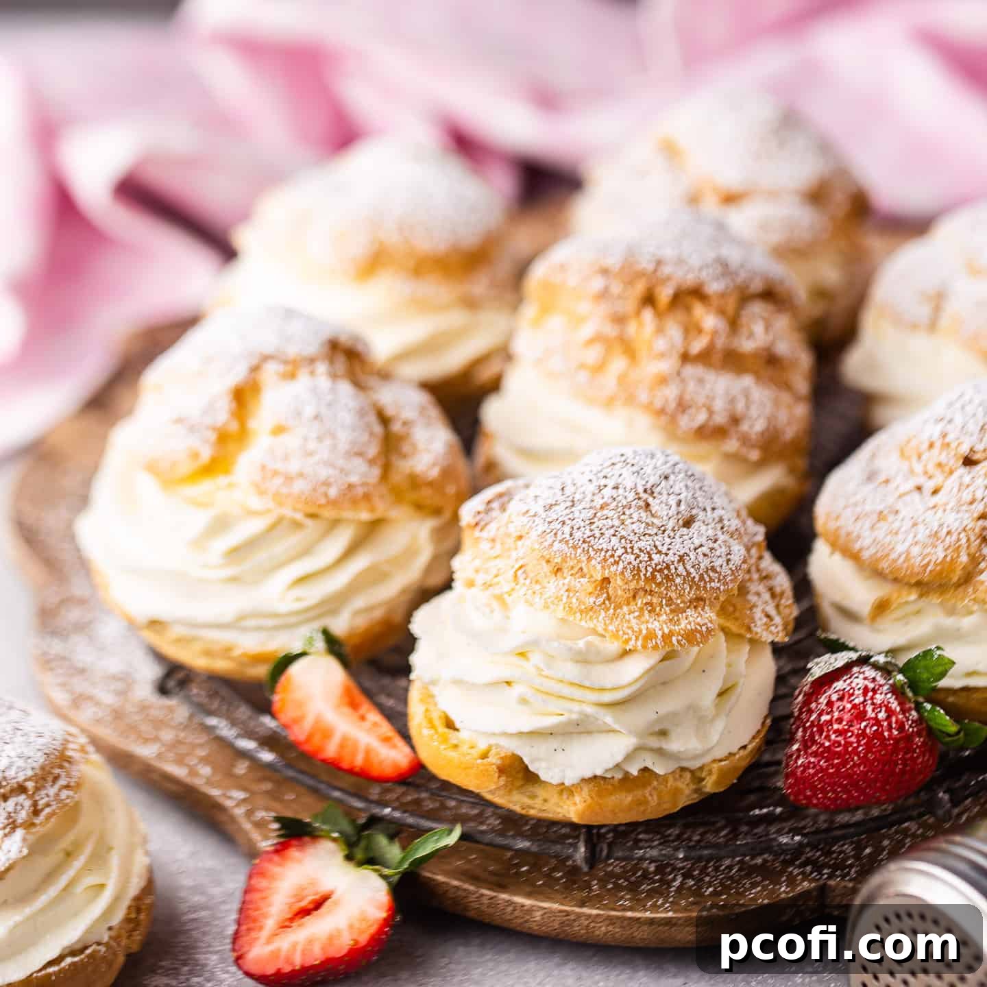 Classic cream puff on a wire rack with strawberries.