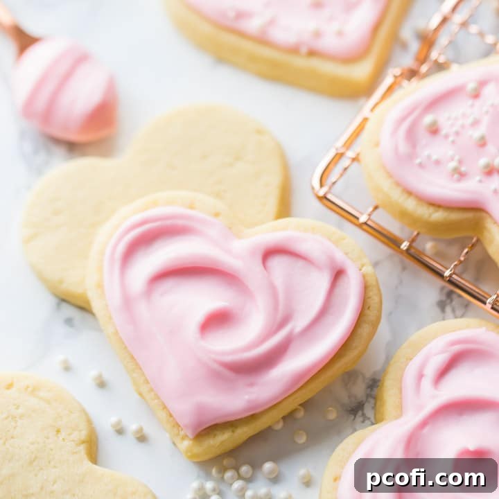 Square image of a heart-shaped soft cut-out sugar cookie with pink sour cream icing.