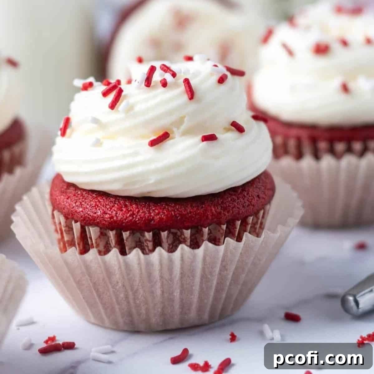 red velvet cupcakes topped with cream cheese frosting.