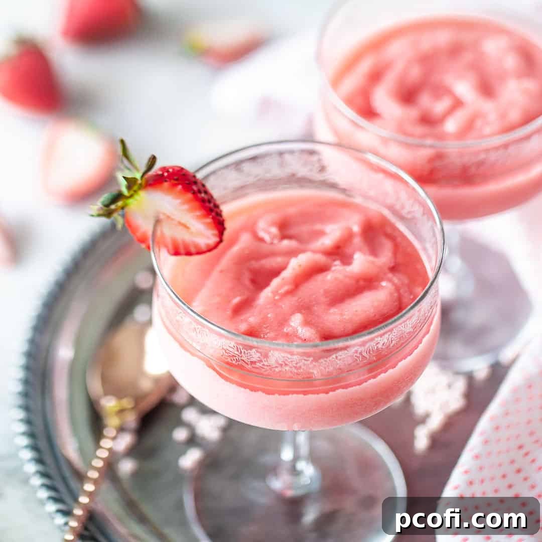 Frosé in stem glasses with strawberry garnish.