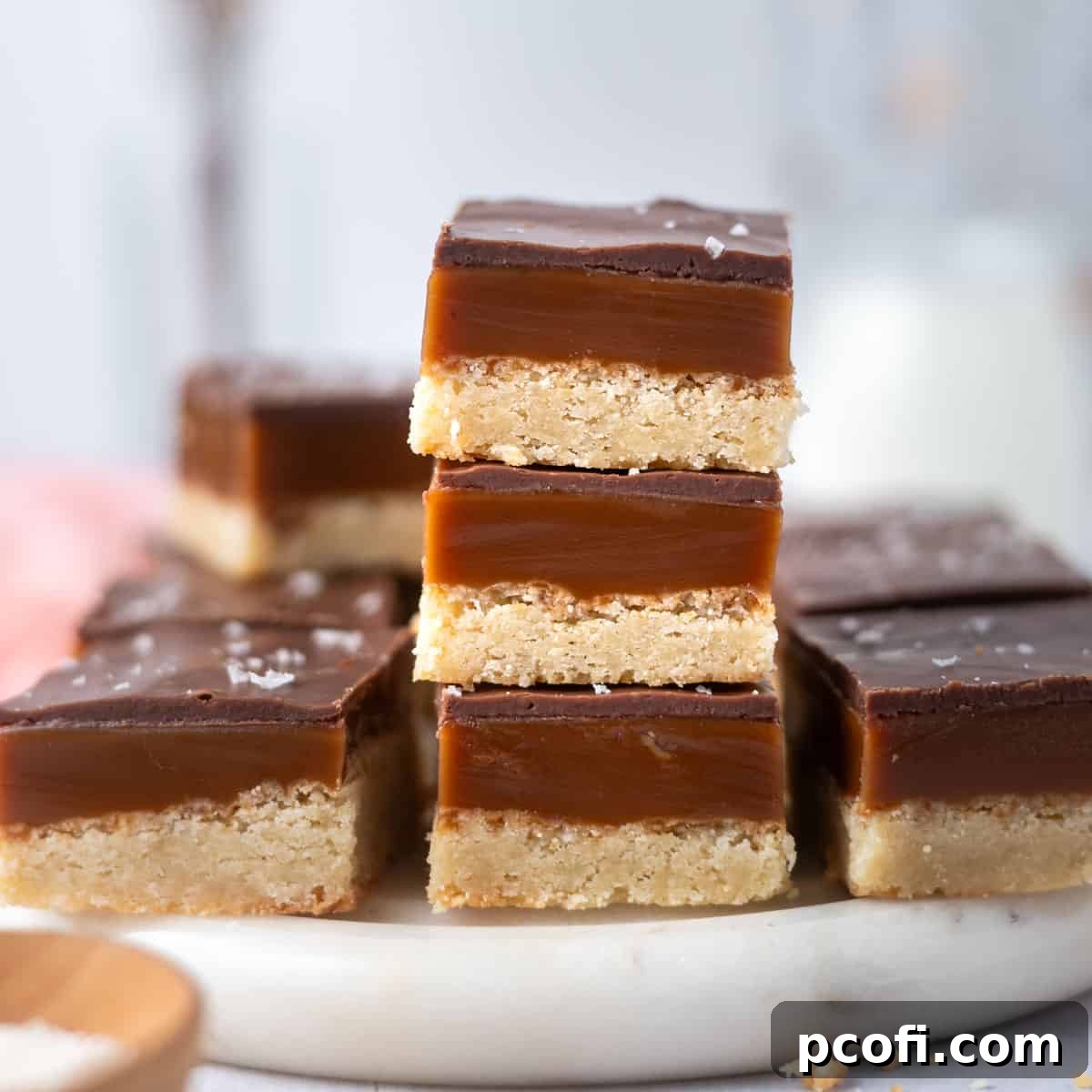 stack of millionaire shortbread on a serving tray.