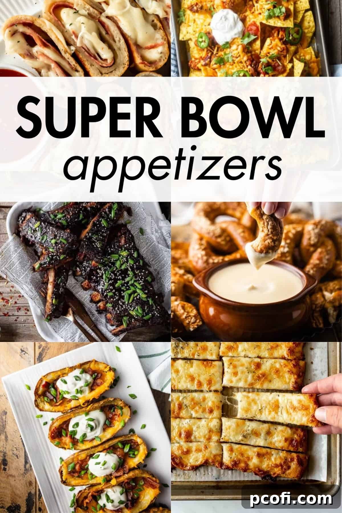 A vibrant collage of various Super Bowl appetizers including wings, dips, and mini pizzas, enticing viewers to explore the recipes.