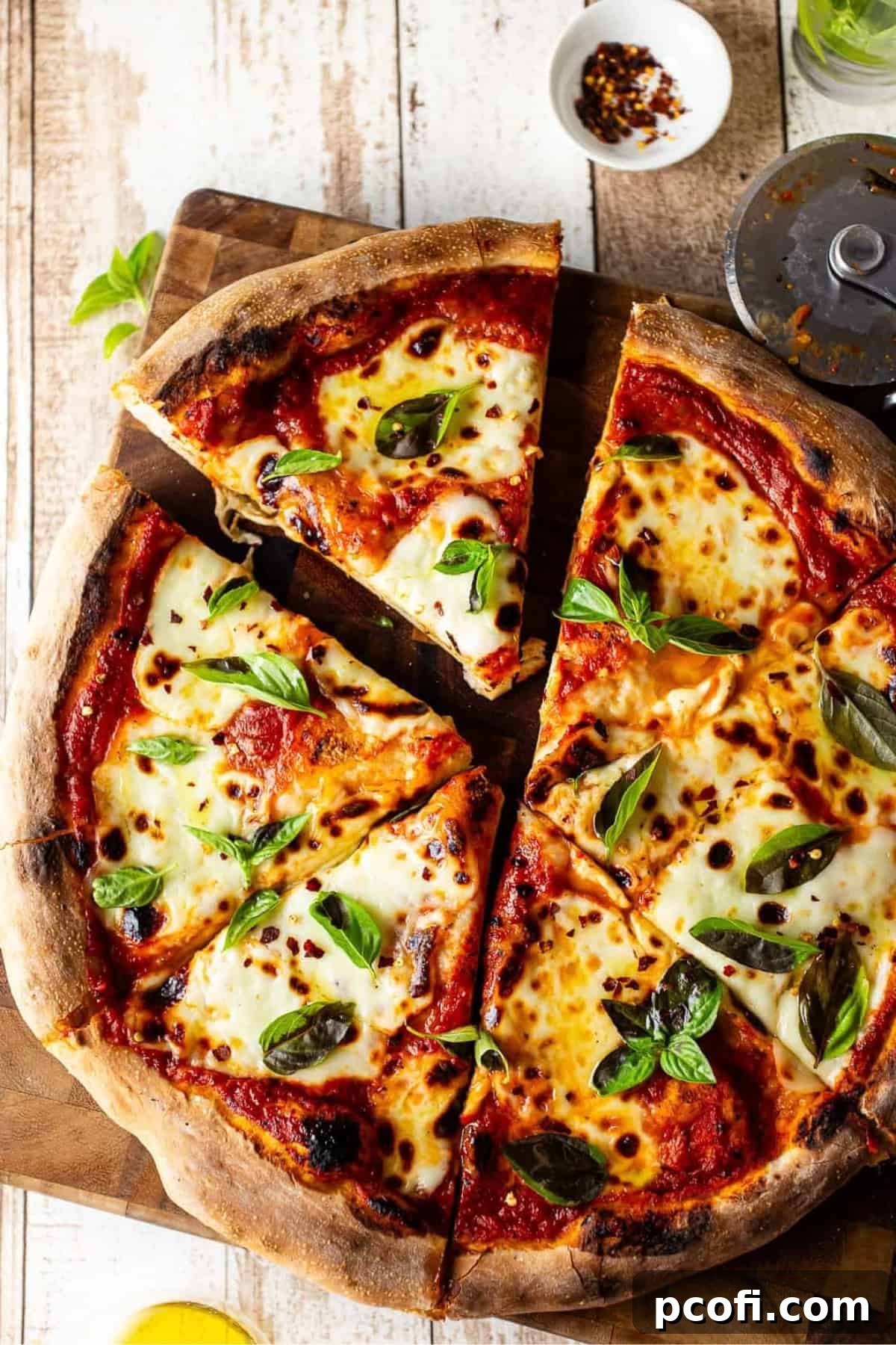 A classic Margherita pizza, freshly sliced and presented on a rustic wood cutting board, topped with vibrant basil leaves.
