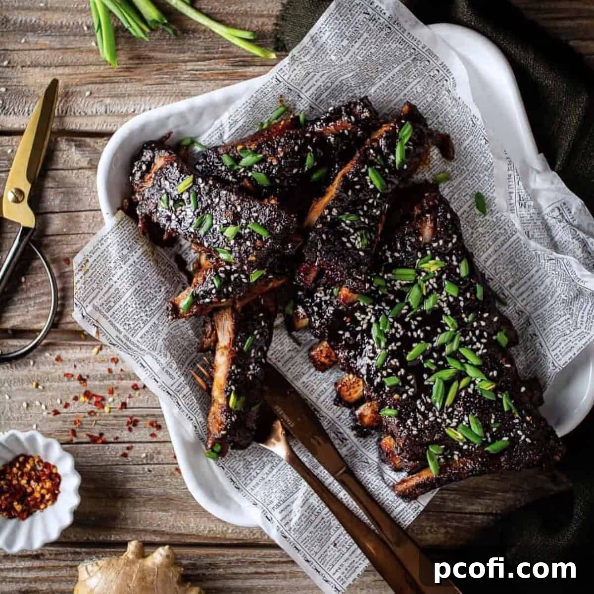 Tender Sticky Asian Ribs beautifully arranged on a tray with serving utensils, glazed to perfection.