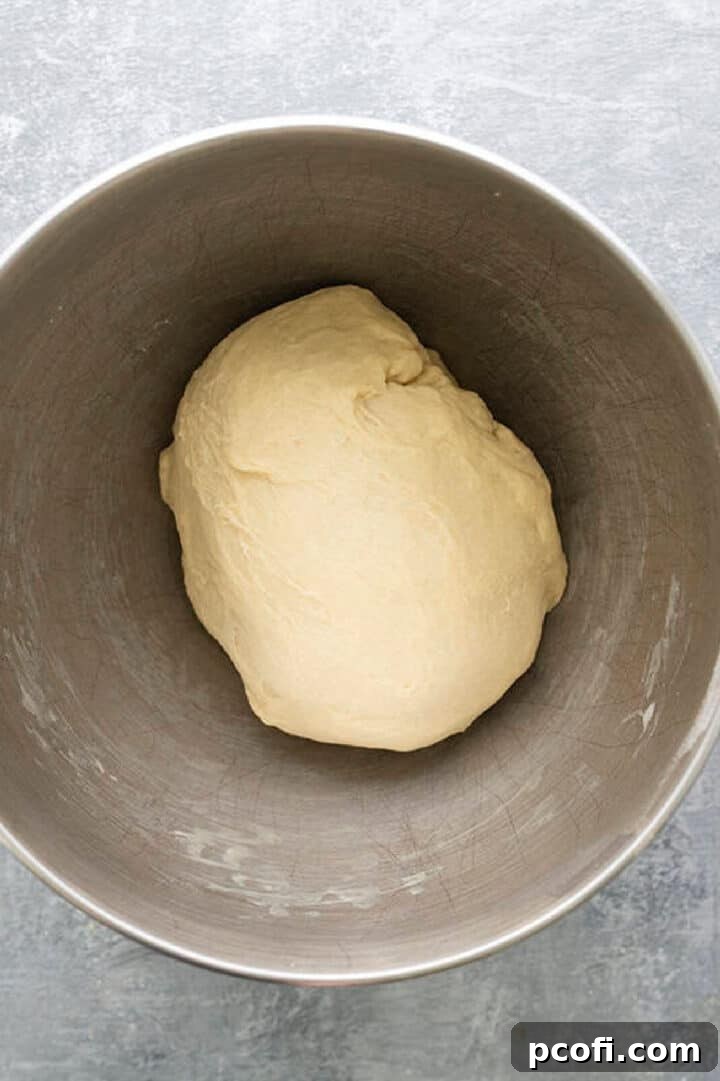 Smooth and elastic milk bread dough after thorough kneading.