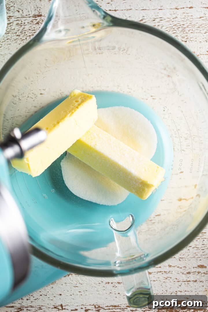 Softened butter and sugar placed in a large mixing bowl.