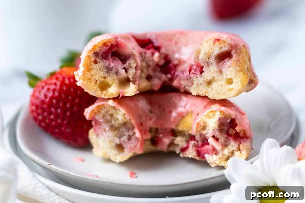 Baked strawberry donuts cake donuts broken in half and presented on white plates.