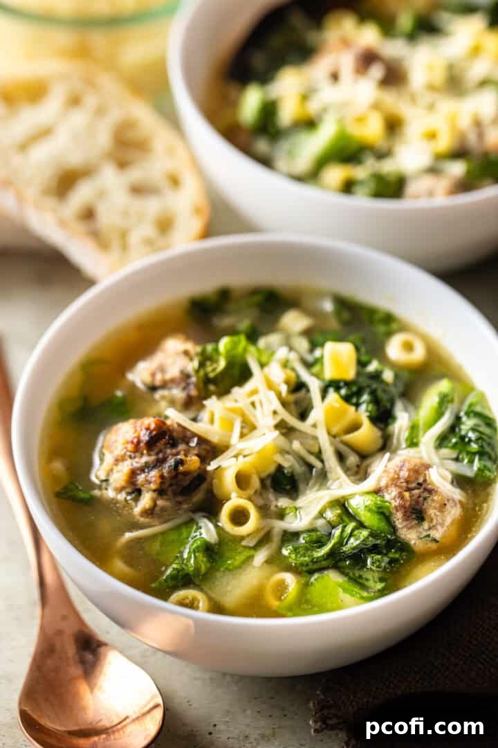 A steaming bowl of homemade Italian Wedding Soup, garnished with fresh parsley and Parmesan cheese, next to a crusty bread roll.
