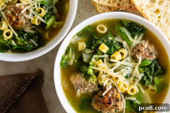Two cozy bowls of Italian wedding soup, garnished with fresh herbs, resting on a rustic wooden table, invitingly warm and ready to eat.