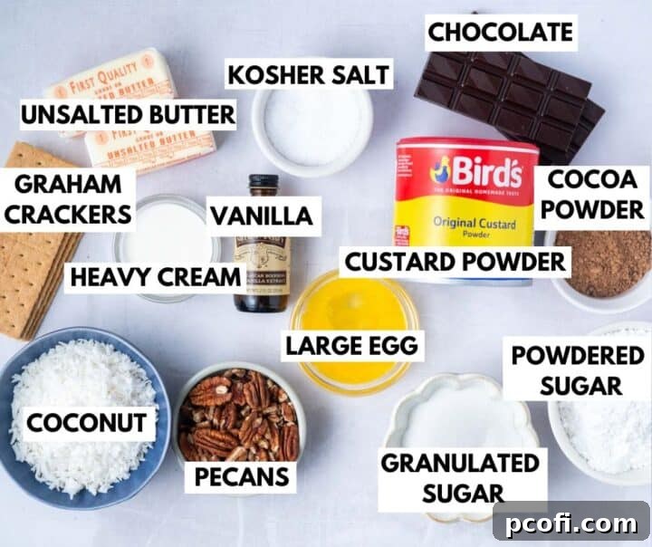 Assortment of ingredients for making Nanaimo bars, including butter, graham crackers, coconut, pecans, cocoa powder, sugar, egg, custard powder, vanilla, heavy cream, and chocolate.