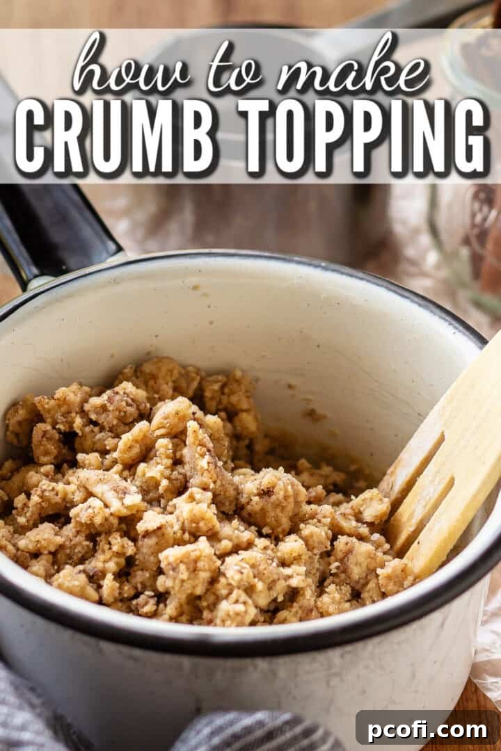 Streusel topping resting in a pot, ready to be sprinkled, with a wooden fork.