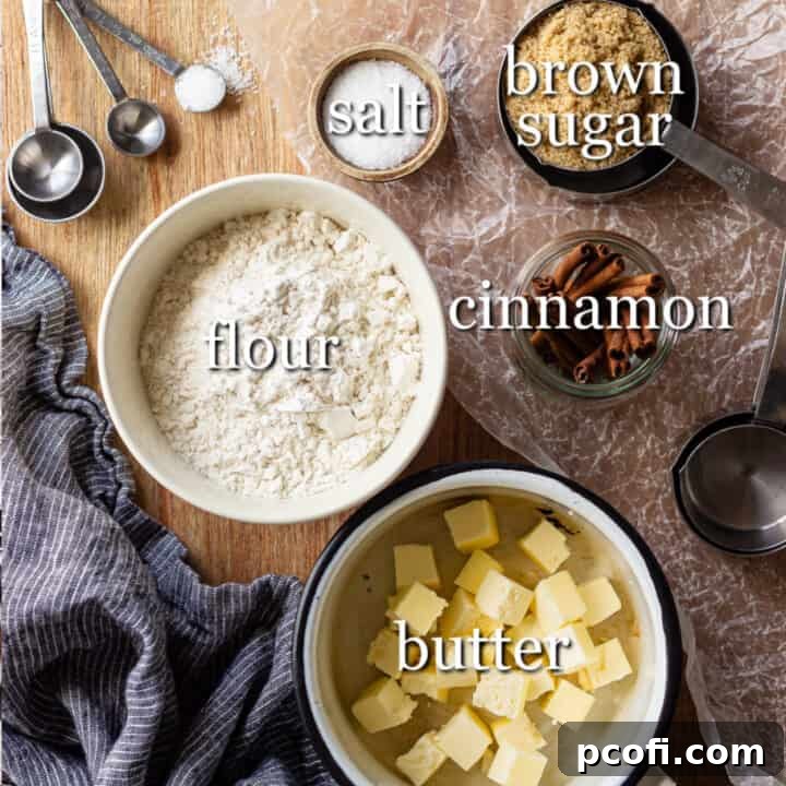 Organized ingredients for streusel making with distinct labels, ready for preparation.