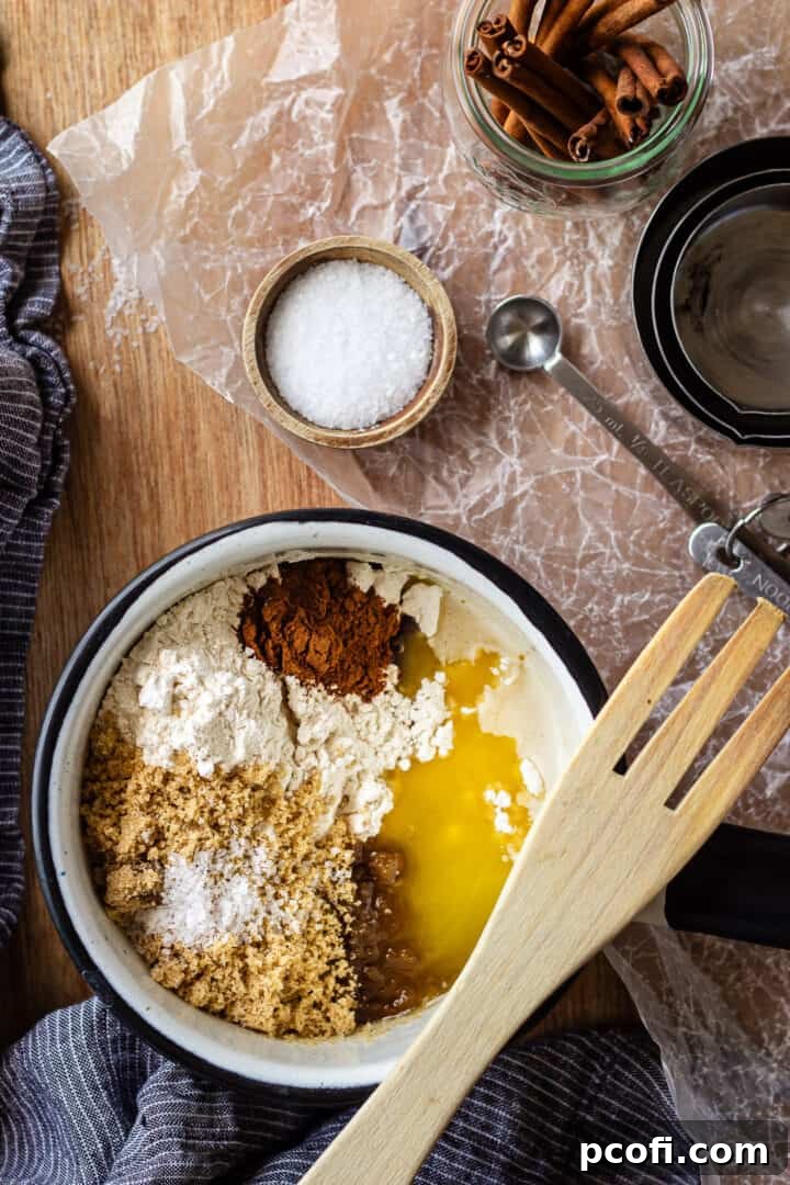 The process of making streusel topping with various pantry staples visible.