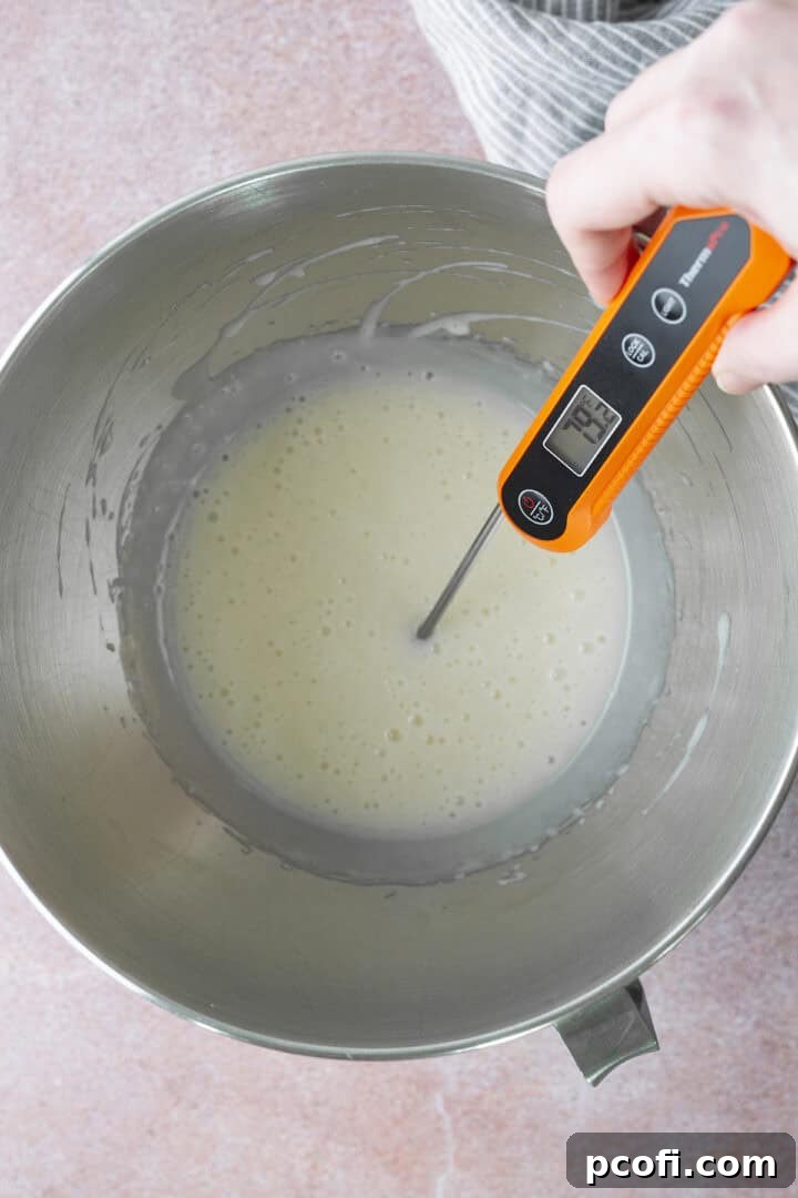 A thermometer reading 79 degrees F in the frosting.