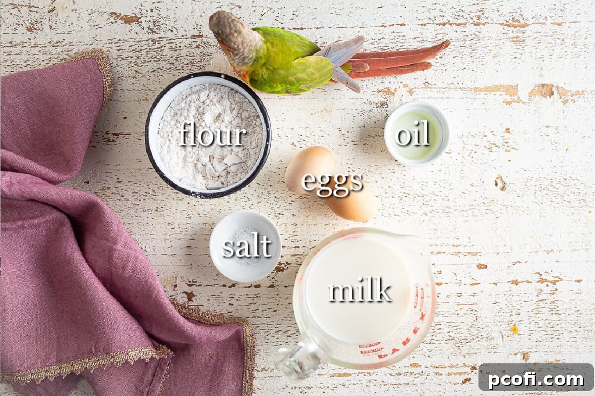 Ingredients for making crepes, with text labels.