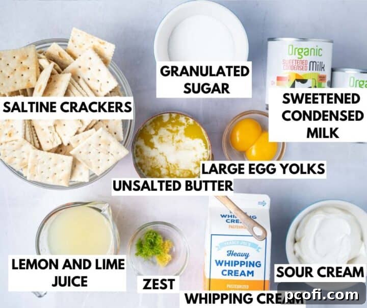 All the fresh ingredients laid out for Atlantic Beach Pie preparation, including lemons, limes, saltine crackers, butter, and condensed milk.