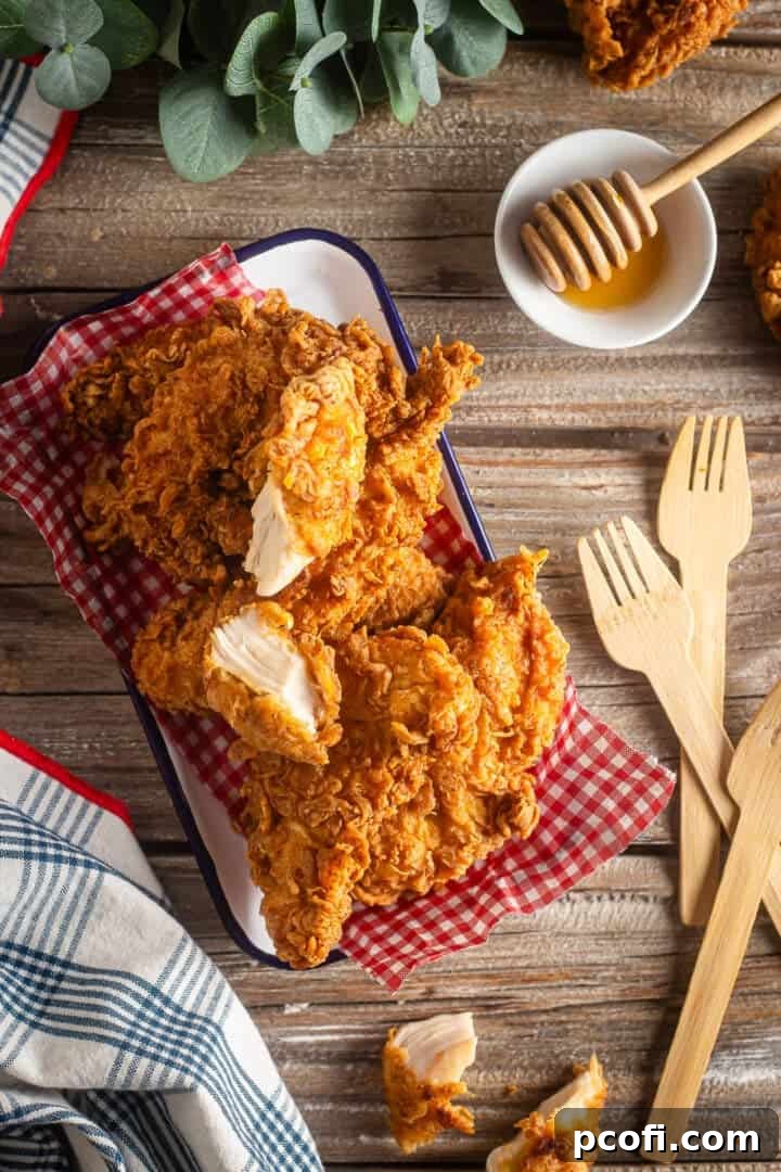 A tray of golden-brown, crispy homemade chicken tenders served on a checkered paper liner, ready to be enjoyed.
