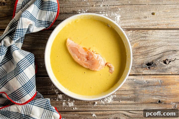 Carefully coating chicken tenderloins in the light, bubbly batter mixture.