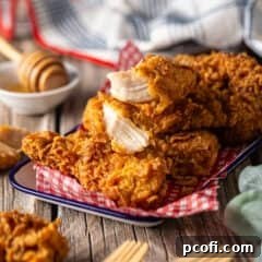 Homemade chicken tenders beautifully presented on an enameled tray, showcasing their golden-brown crispiness.