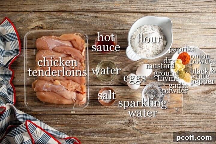 A beautifully arranged spread of all the fresh ingredients needed for making the best homemade chicken tenders, clearly labeled for convenience.